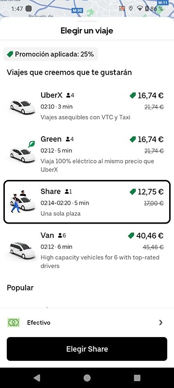 Función Share de la app Uber