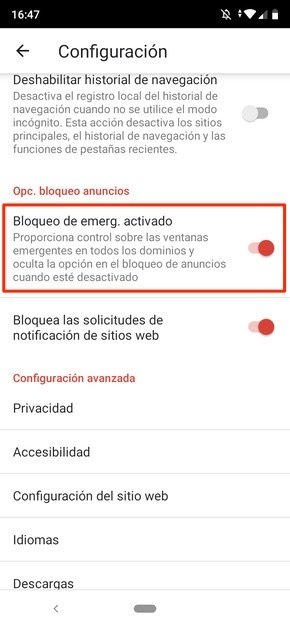 Gestión de bloqueo de pop-ups en Adblocker Browser