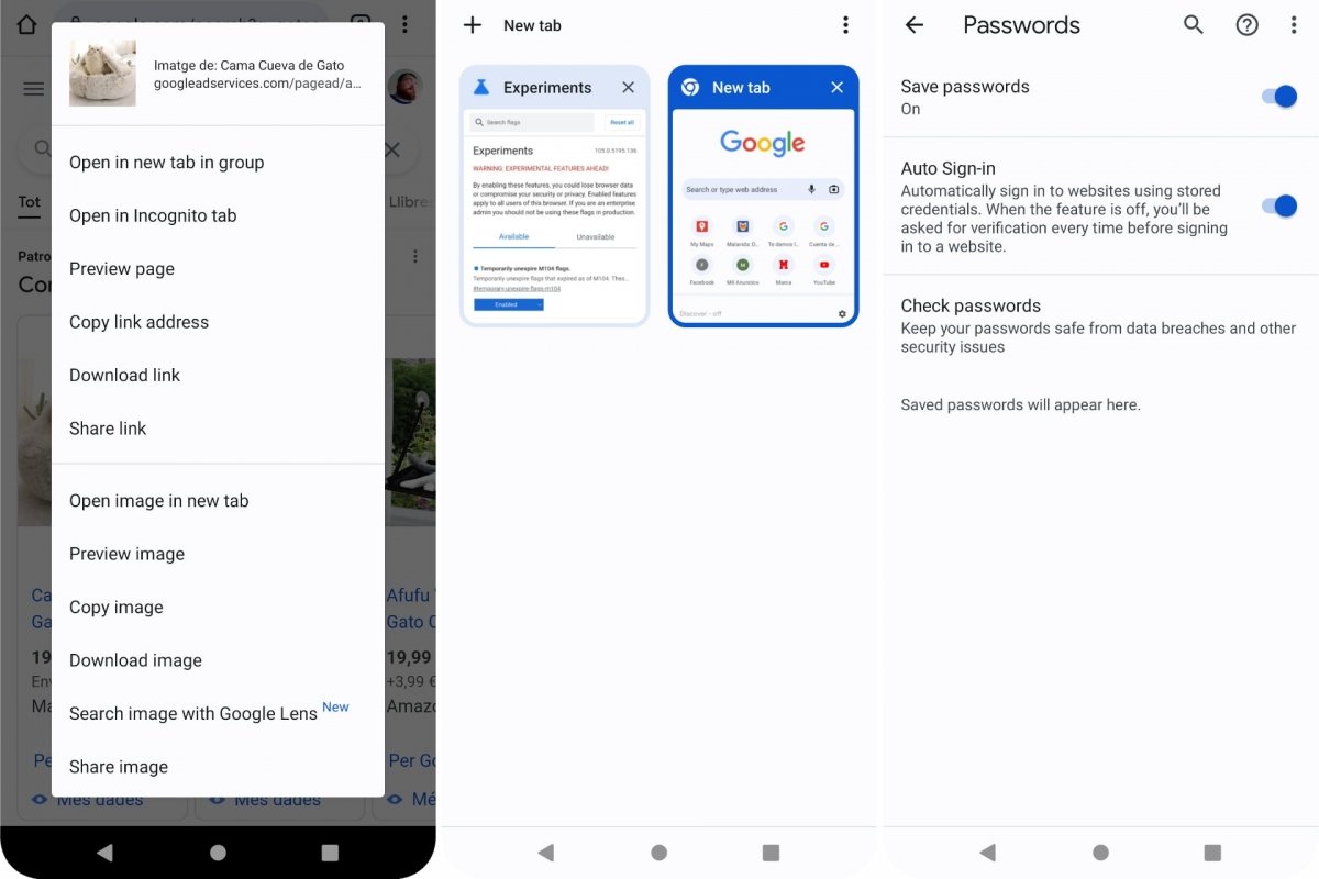 Google Lens, Pestañas, Contraseñas en Chrome