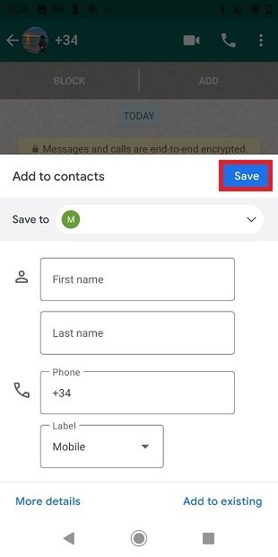 احفظ جهة الاتصال من WhatsApp