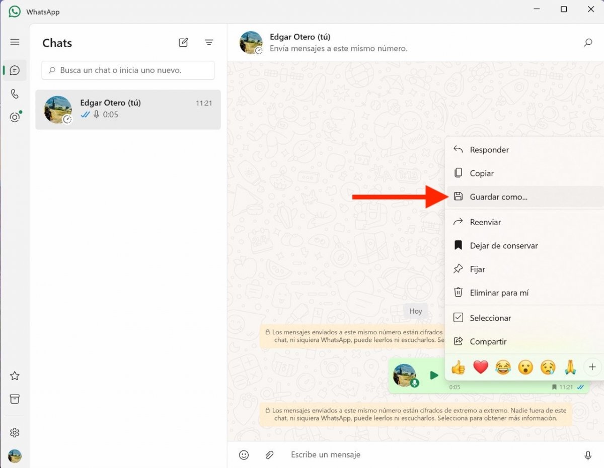 Guardar un audio desde la app de WhatsApp para PC