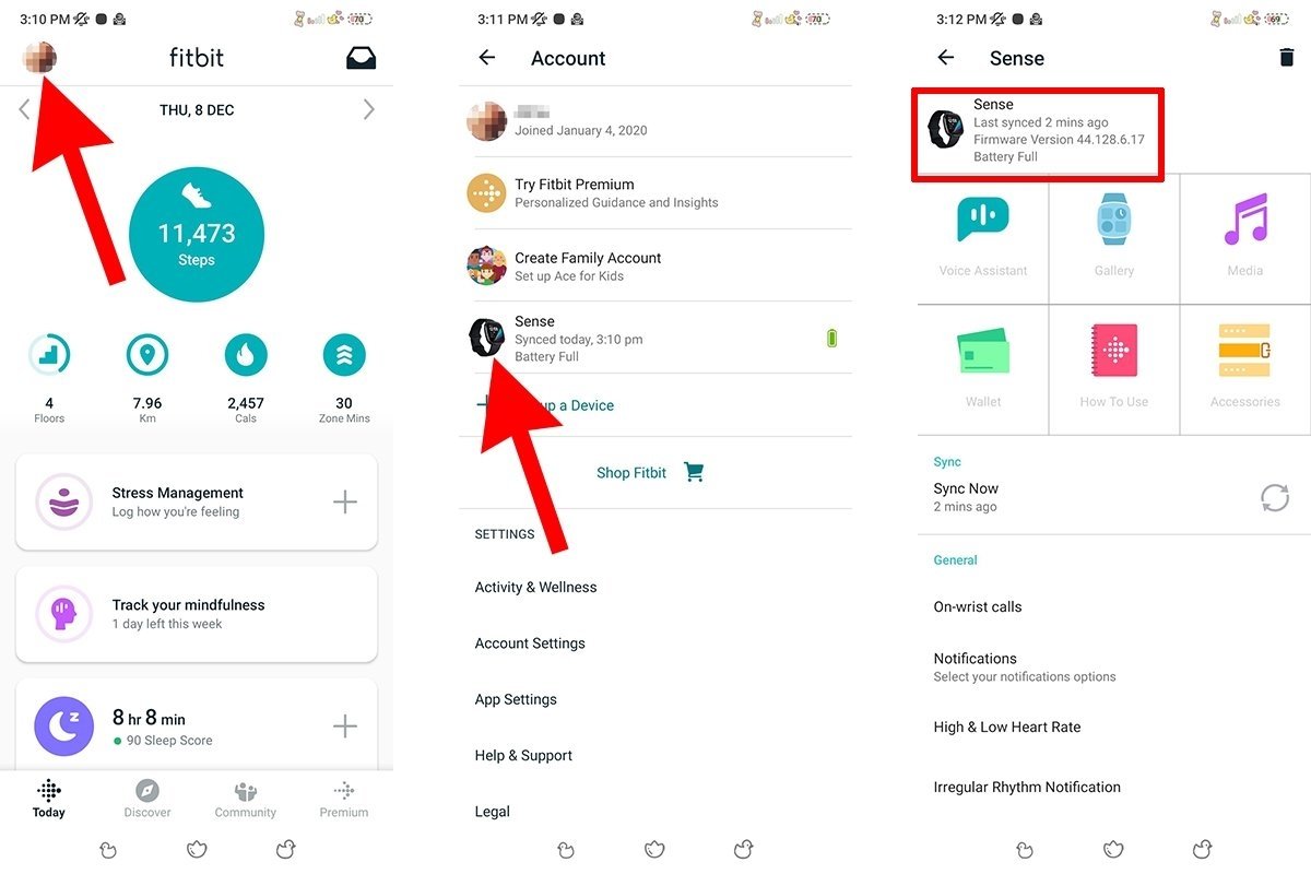 Guía para encontrar el botón de actualización de firmware en la app de Fitbit