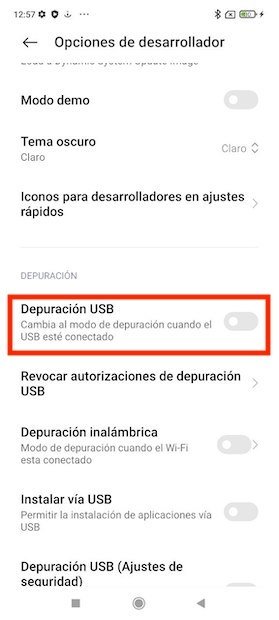 Habilitar la dupración USB en Android