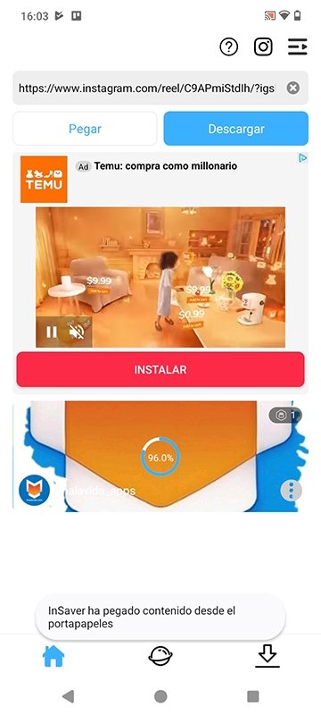 Herramienta de la app InSaver para descargar vídeos y reels de Instagram