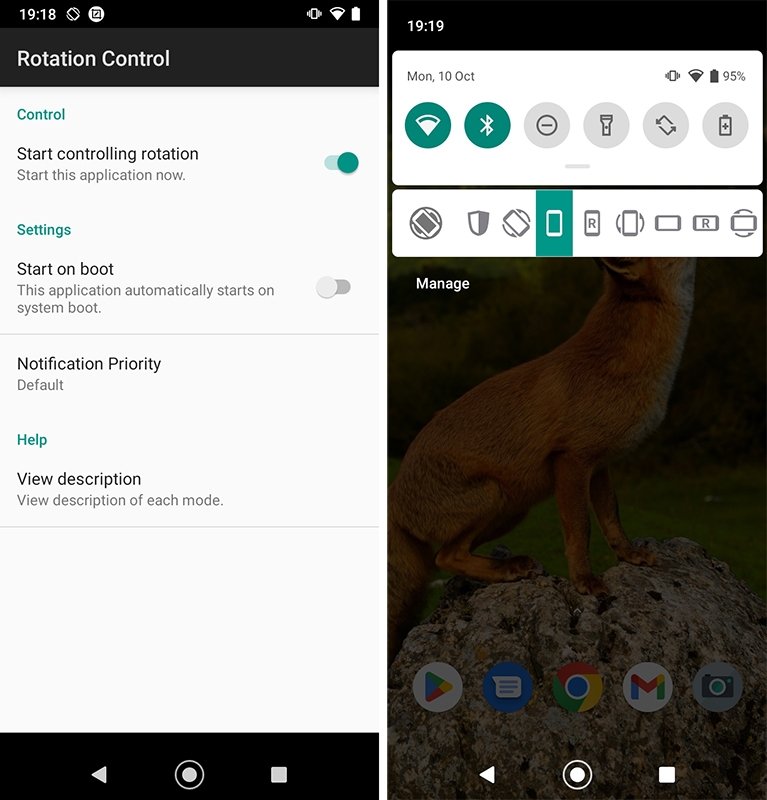 Herramientas de la app Rotation Control para girar la pantalla de un Android.