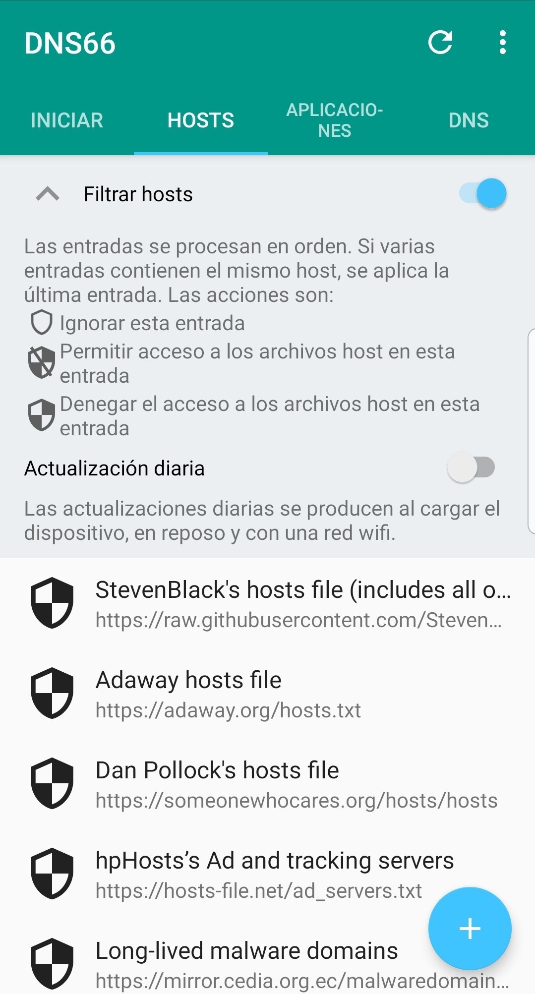Hosts bloqueados en DNS66 