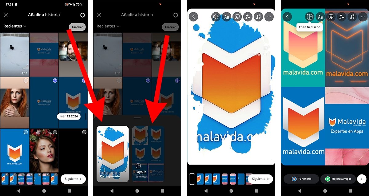 Instagram nos permite subir varias historias a la vez o, si son fotos, hacer una composición a modo de collage personalizable