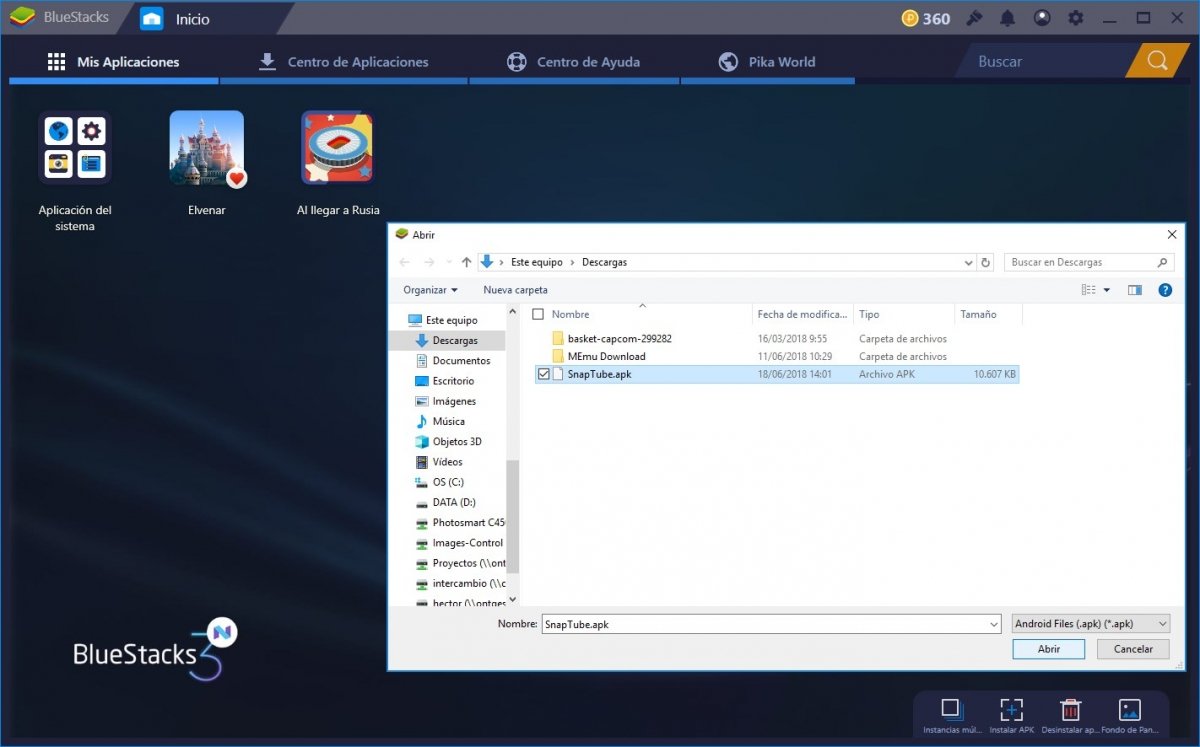 Instalación del APK de SnapTube en BlueStacks