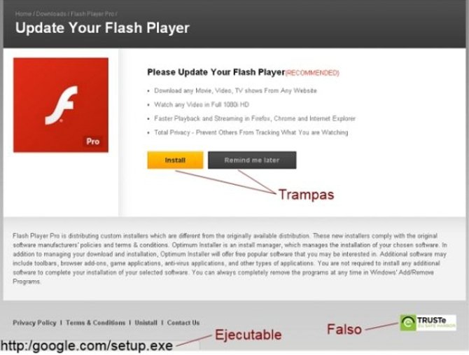 Instalacion falsa de Adobe Flash Player Pro