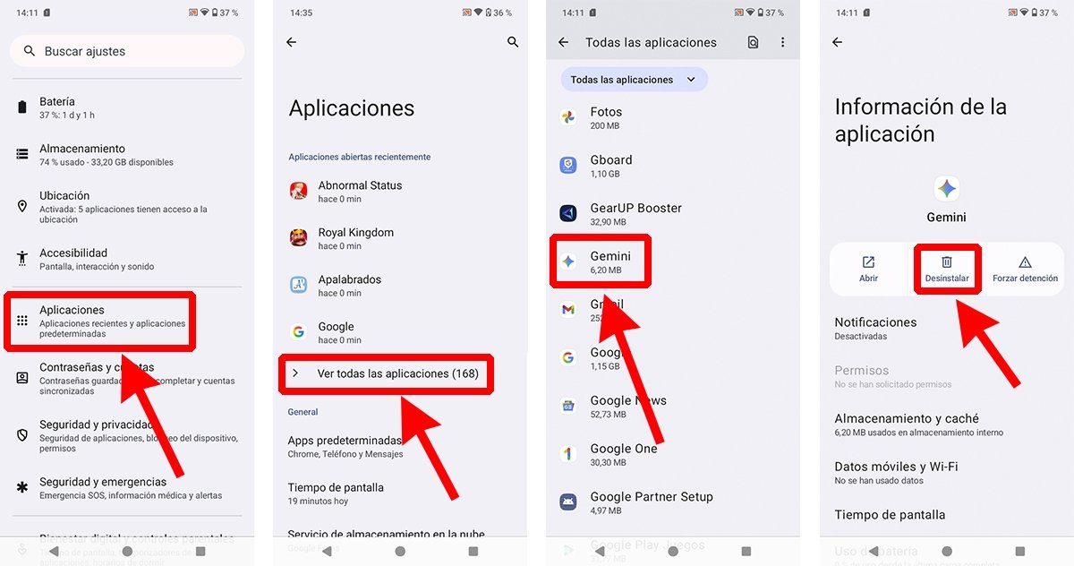 Instrucciones para desintalar Gemini en Android paso a paso en los teléfonos en los que está disponible la opción