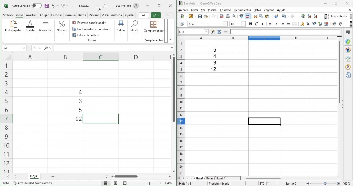 Interfaces de Microsoft Excel y OpenOffice Calc, en ese orden