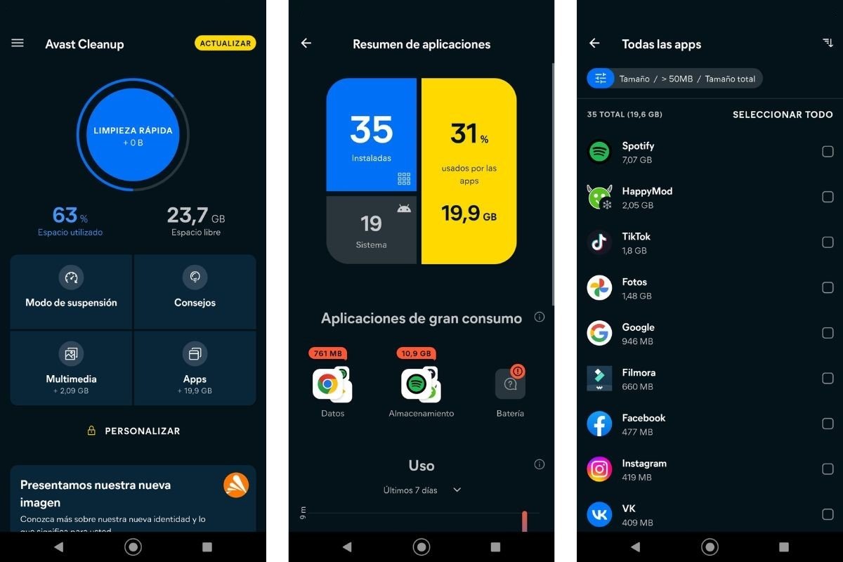 Interfaz de Avast Cleanup para Android