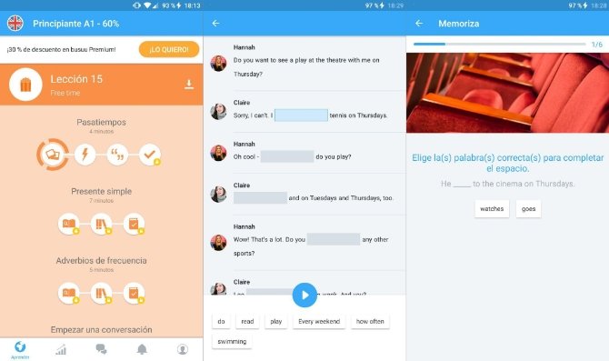 Interfaz de Busuu en Android