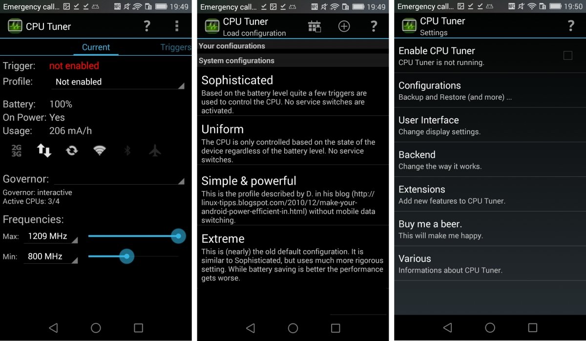 Interfaz de CPU Tuner para Android