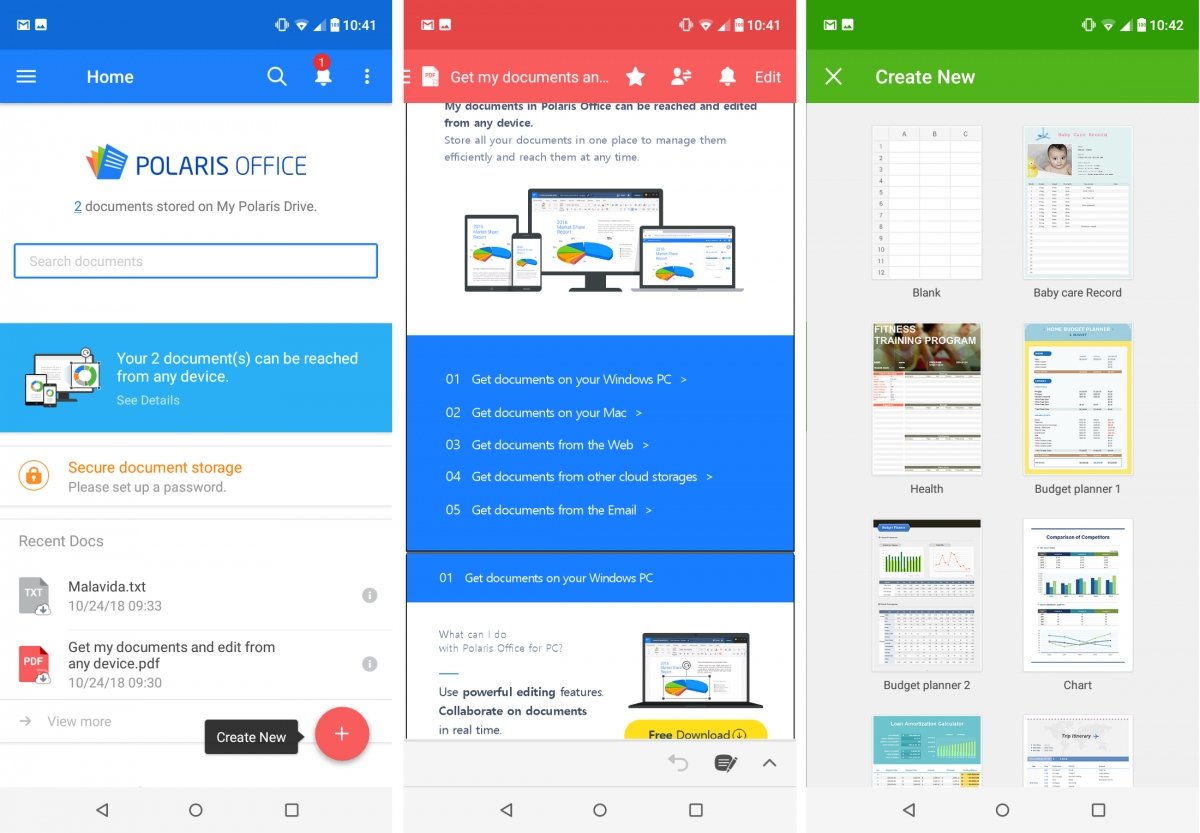 Interfaz de la suite ofimática Polaris en Android