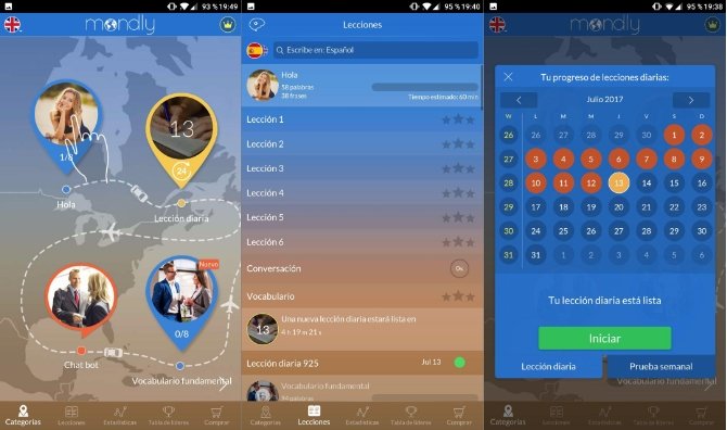 Interfaz de Mondly Languages en Android