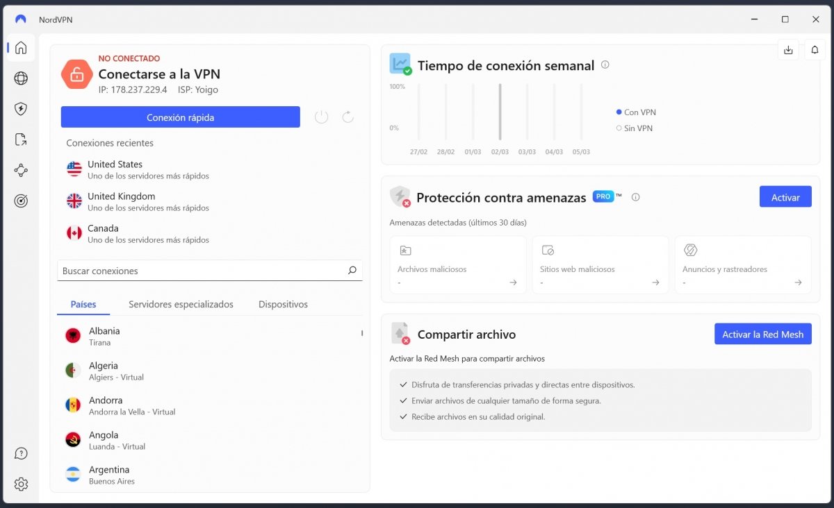 Interfaz de NordVPN para PC