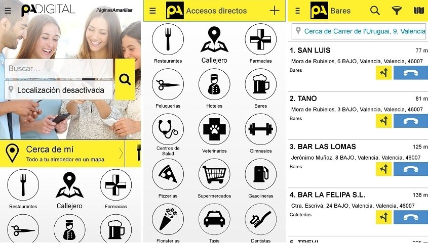 Interfaz de Páginas Amarillas para Android