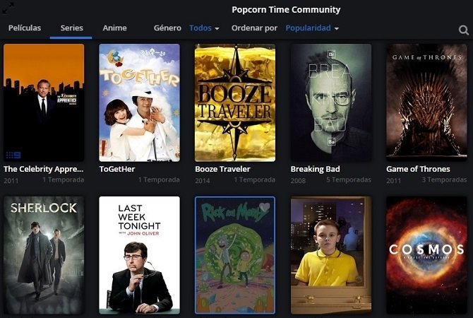 Interfaz de Popcorn Time en pleno funcionamiento