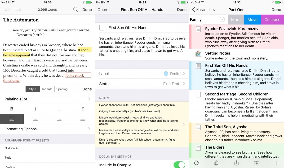 Interfaz de Scrivener en iPhone