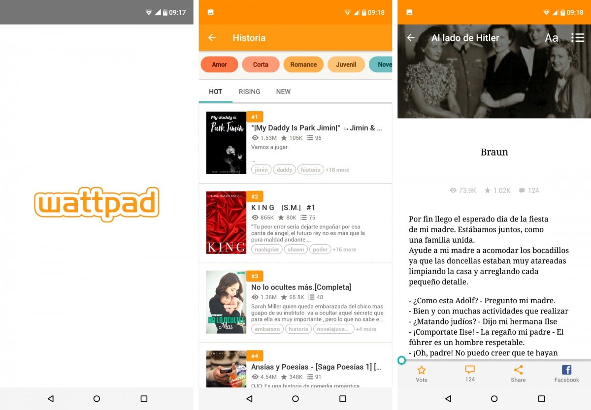Interfaz de Wattpad para Android