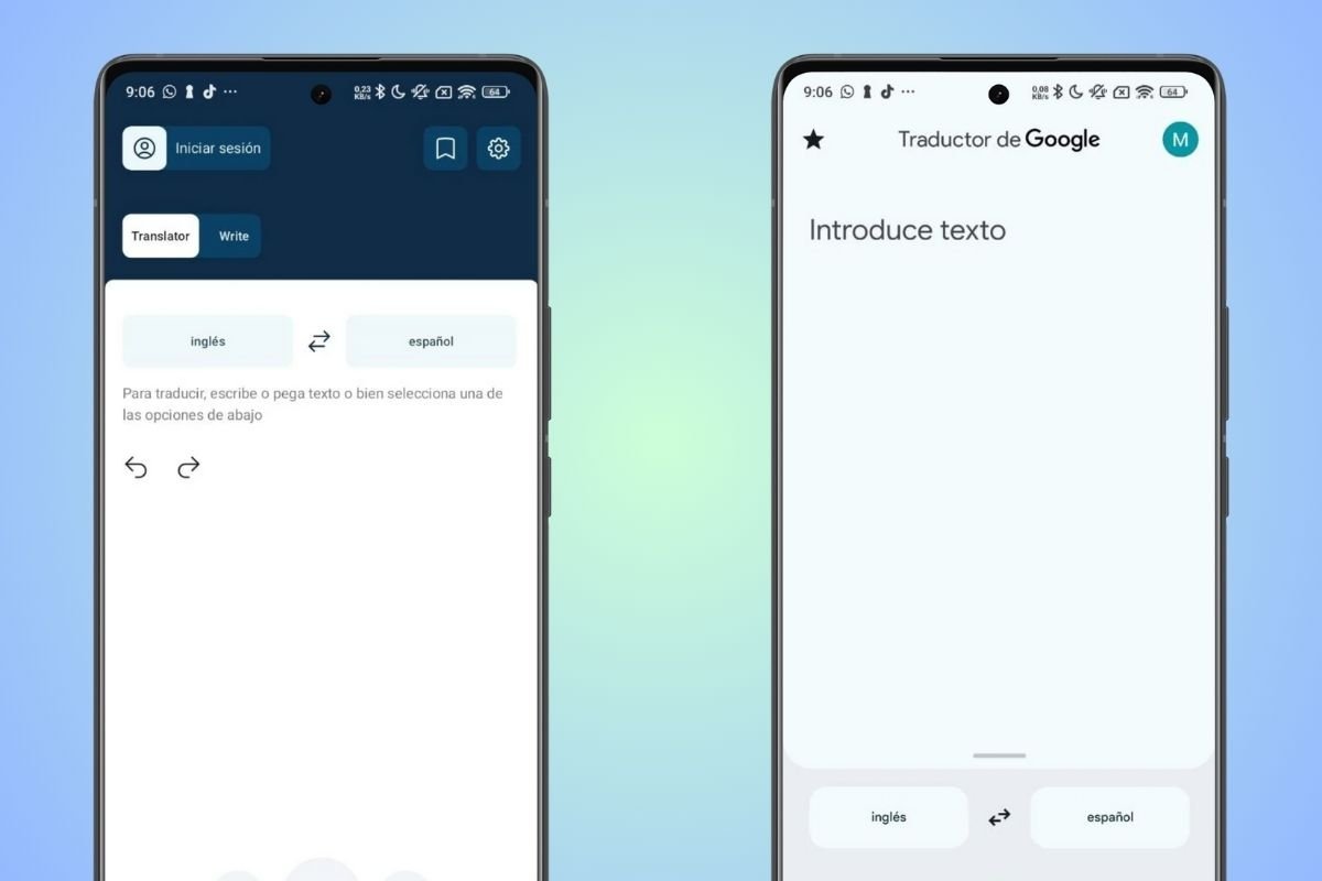 Interfaz principal de ambas apps. A la derecha, DeepL, y a la izquierda, Google Translate