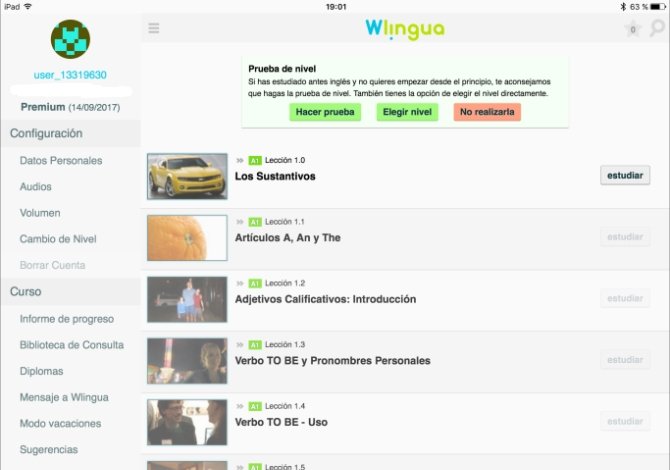 Interfaz principal de Wlingua con los primeros ejercicios