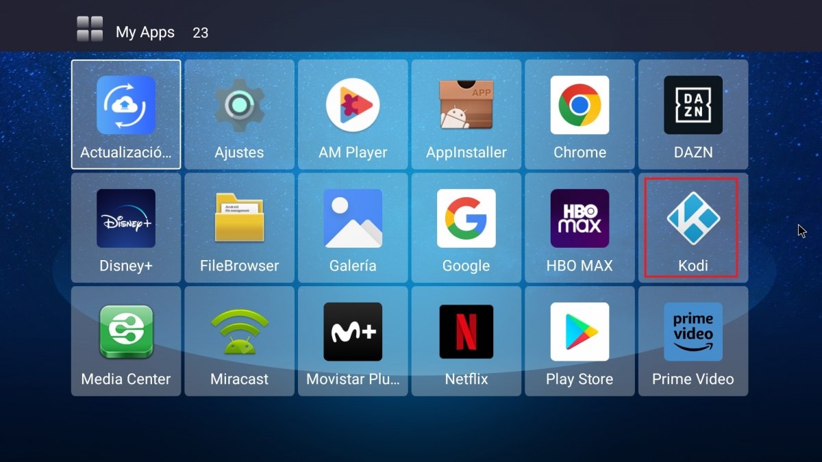 Kodi visible entre las apps de nuestra Android TV en una tele Samsung
