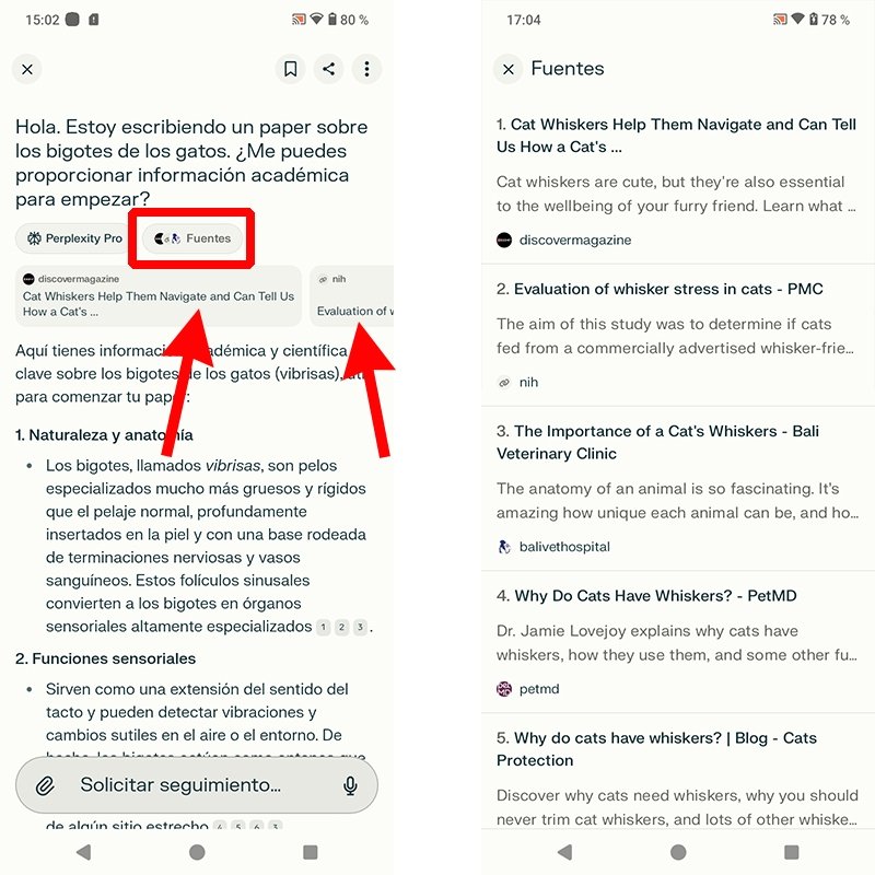 La app Perplexity nos ofrece directamente las fuentes de las que ha obtenido la información solicitada