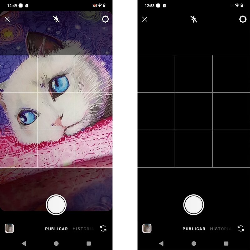 La cámara de Instagram sin y con error
