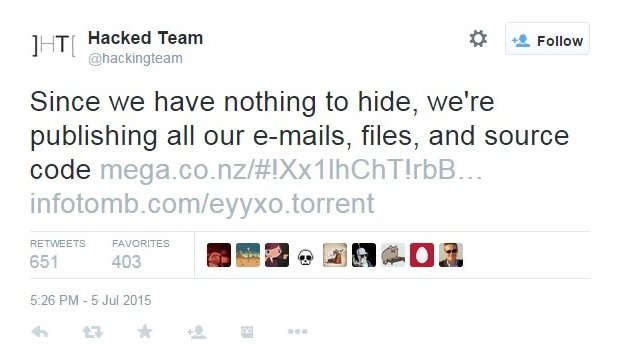 La cuenta oficial de Hacking Team incitando a la descarga del fichero de 400 GB