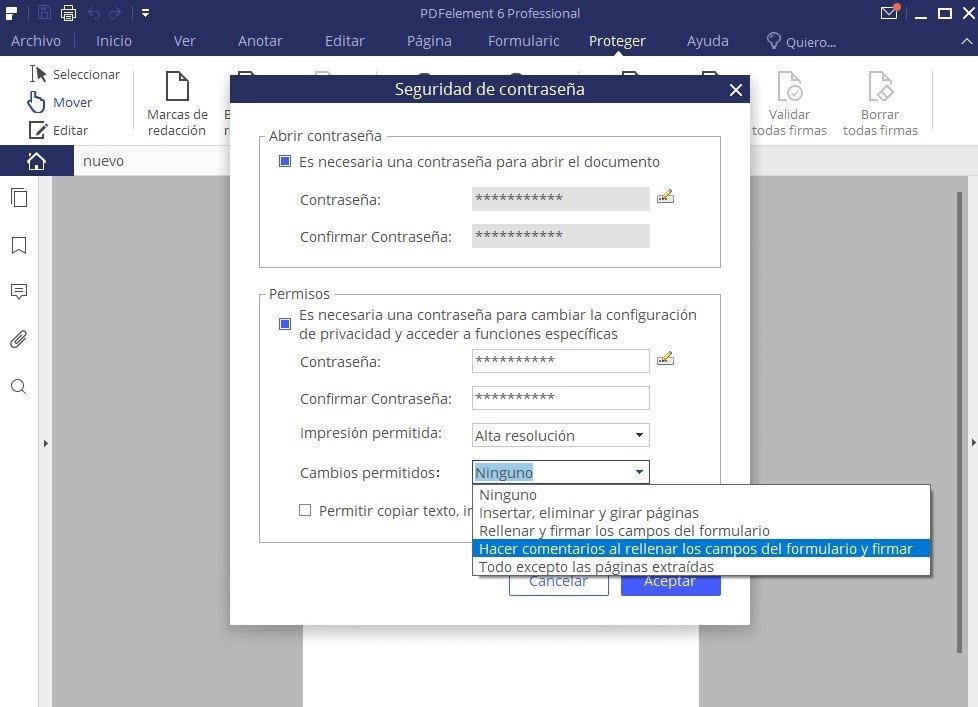 La impresión, el copiado o la modificación también se pueden proteger con contraseña en un PDF