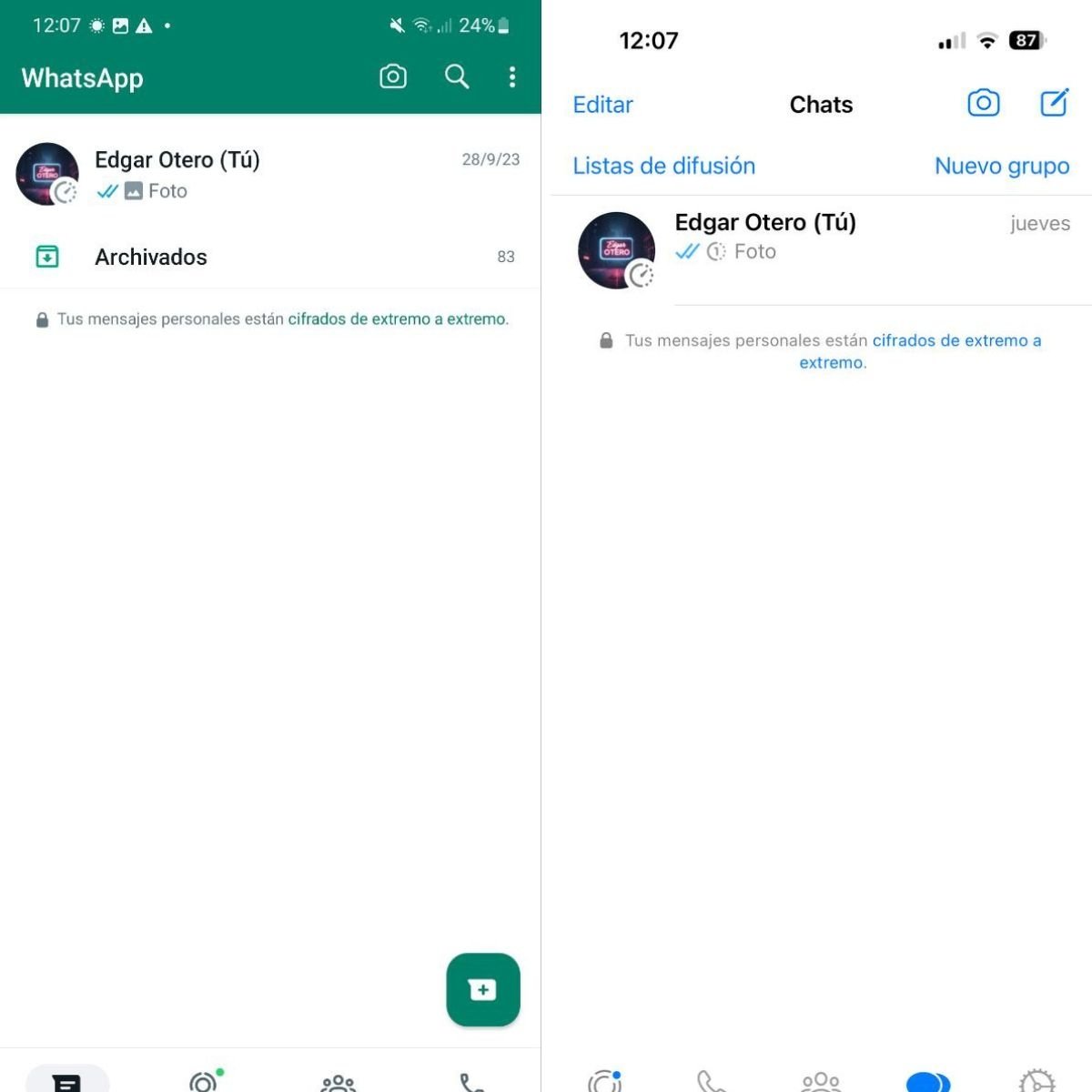 La interfaz de WhatsApp en Android y iOS, respectivamente