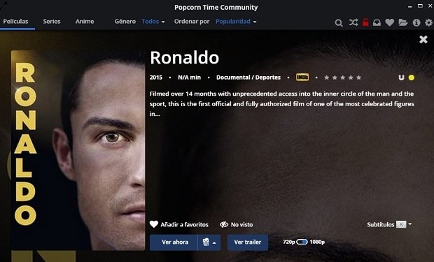 La peli oficial de CR7 es uno de los contenidos a 'disfrutar' en Popcorn Time