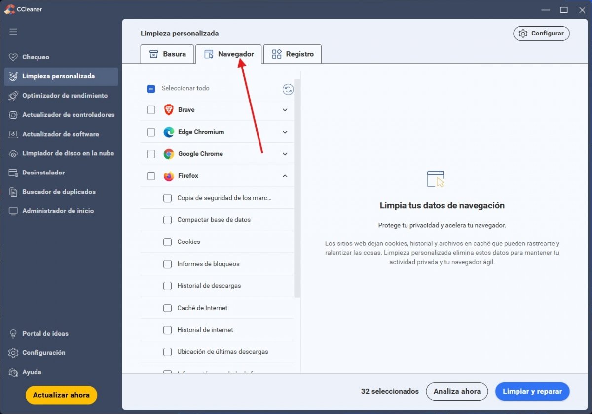 La sección dedicada a Navegadores es genial, especialmente si tienes varios instalados