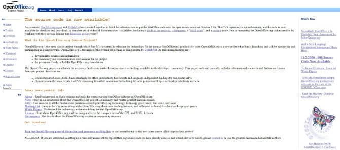 La web de OpenOffice.org anunciando el comienzo del proyecto de código libre