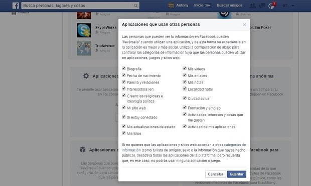 Las aplicaciones que usan mis amigos pueden acceder a toda esta información sobre mí