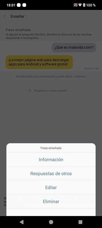 Las frases o interacciones que hemos enseñado a SimSimi se pueden editar o eliminar desde el perfil