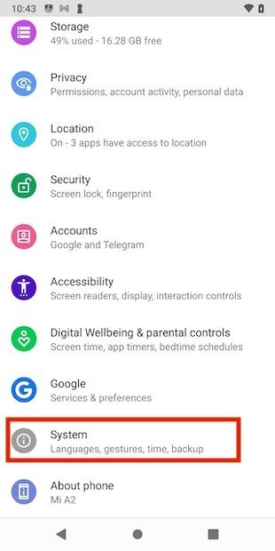 Lista de ajustes del sistema de Android