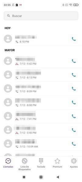 Listado de llamadas en Hiya