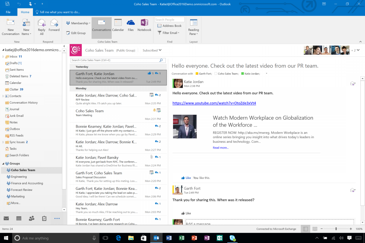 Los grupos de Office 365 integrados en Outlook 2016