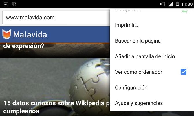 Marca "Ver como ordenador" en el navegador Google Chrome de tu tablet