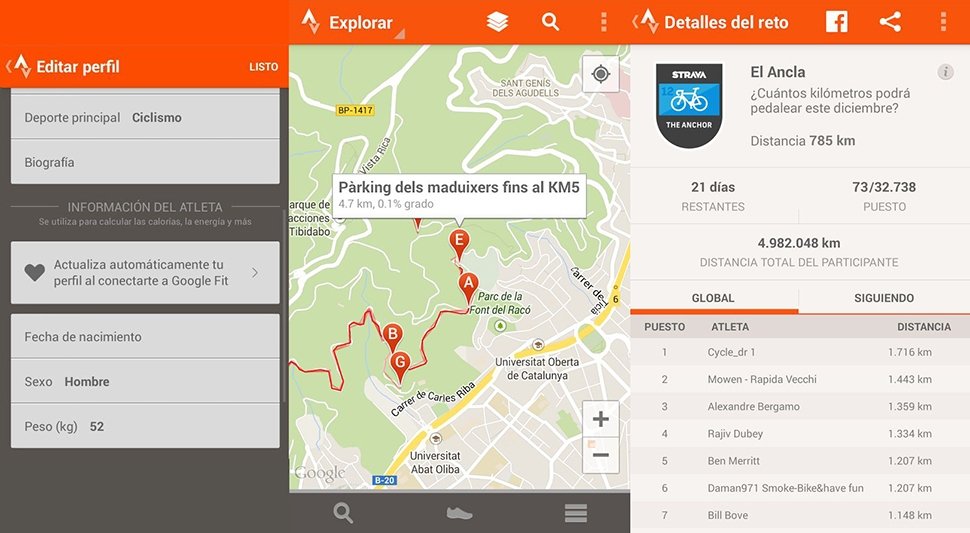 Capturas de Strava para Android: perfil, varios segmentos y ranking