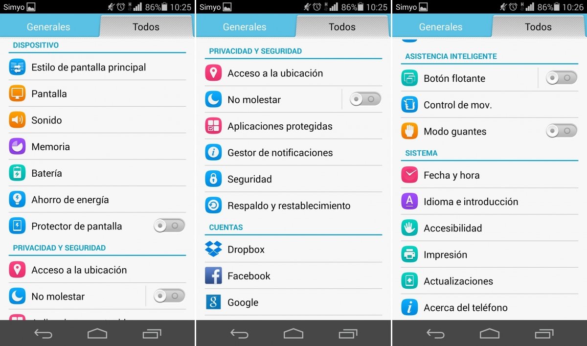 Menú Ajustes del Honor 6