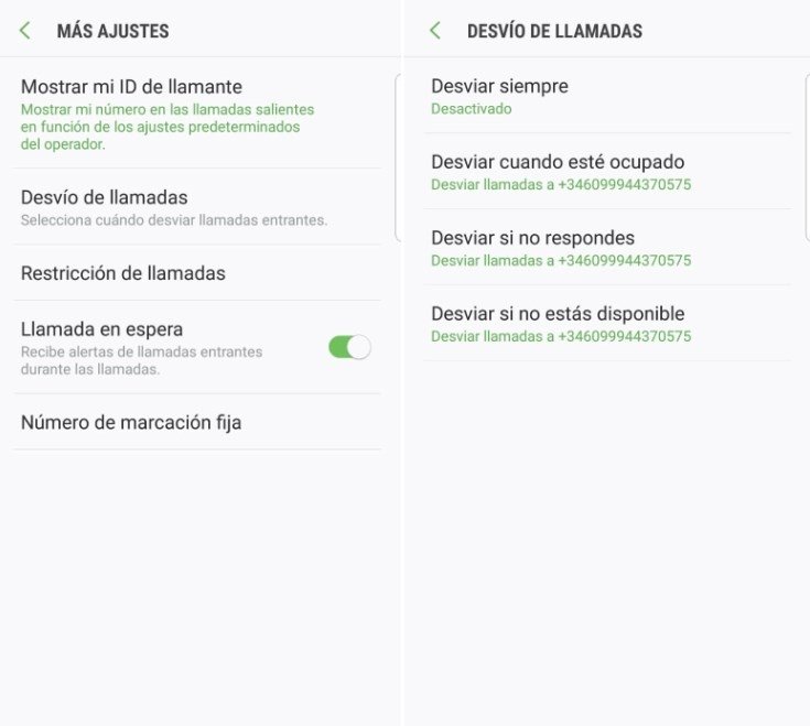 Menú de Android para activar el desvío de llamadas