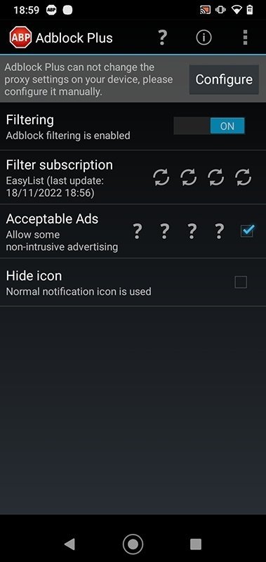 Menú de configuración de la app Adblock Plus