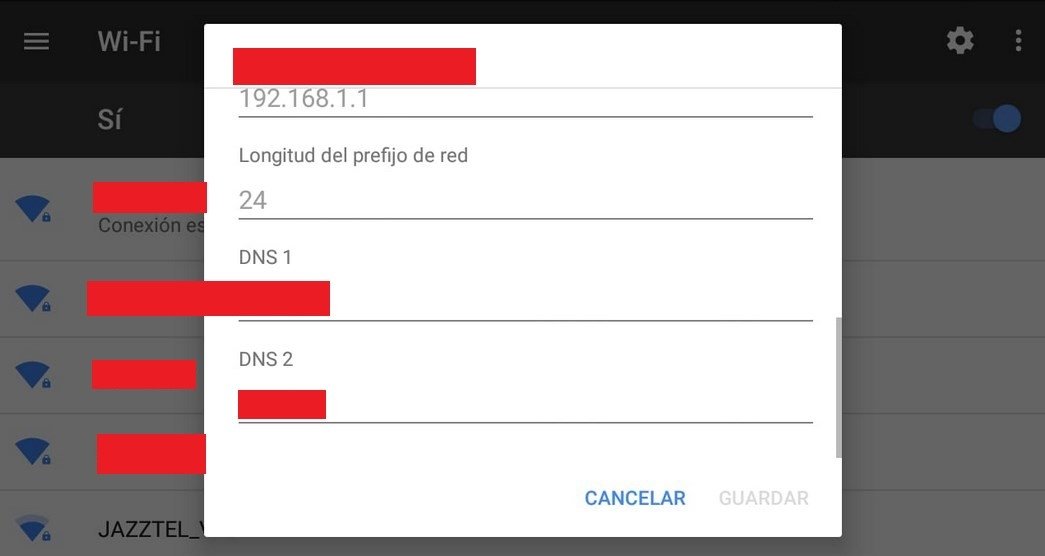 Menú de configuración de las DNS en Android