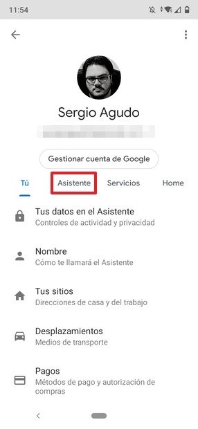 Menú de configuración del asistente de Google