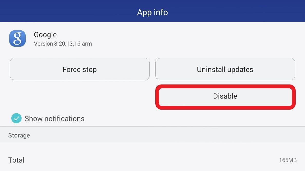 Menú de desactivación de la app de Google en Ajustes de Android