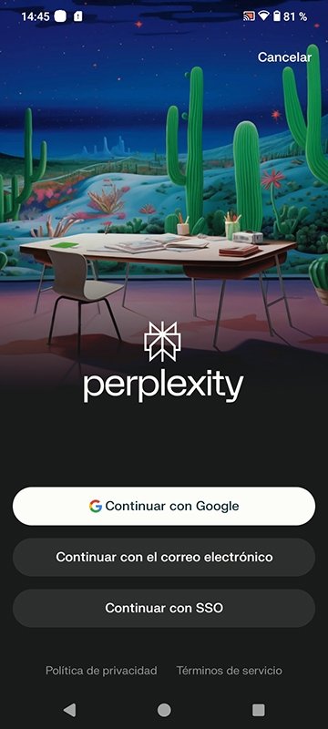 Menú de inicio de la app Perplexity para Android